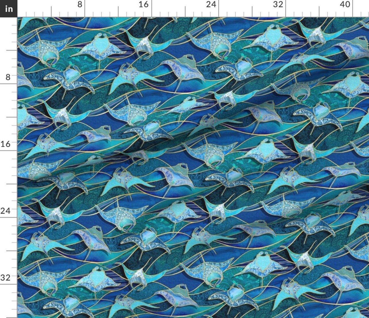 Sea Creatures Manta Ray Ocean Life Turquoise Blue Golden Yellow Teal Green Animals Gorgeous Fish Giant Mantas Cobalt Sapphire Custom Printed Fabric by Spoonflower Various Fabrics by the Yard or Fat Quarter
